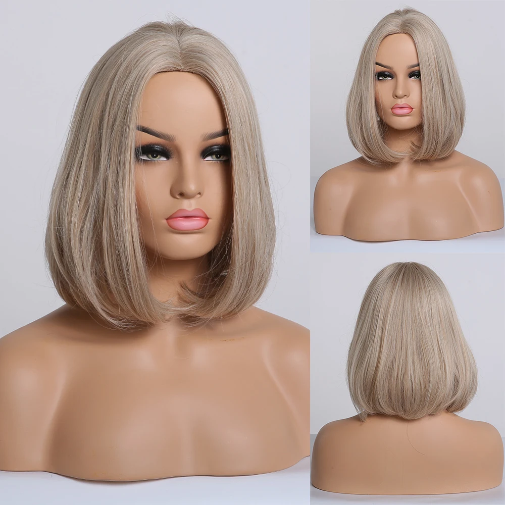 

Natural root gradient blonde high gloss short center parted bob wig