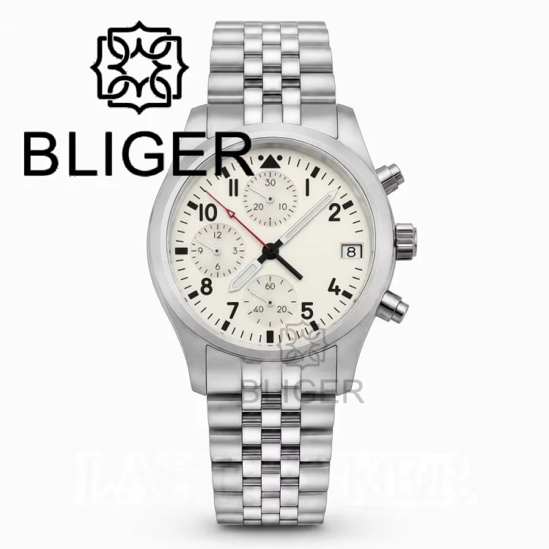 BLIGER Full Black Brushed 38mm VK67 Quartz Aviator Chronograph Watch For Men Domed Sapphire Glass Luminous Dial Waterproof Date view 6