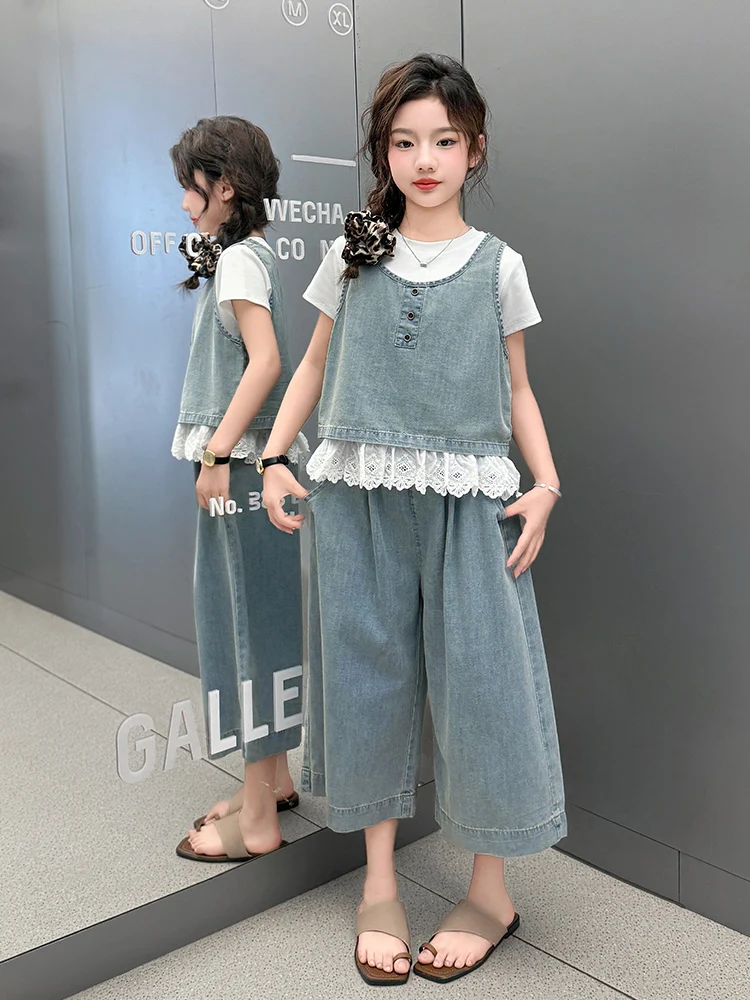 Mädchenanzug Sommer 2026: Weißes Kurzarm-T-Shirt, Jeansweste und Weite Jeans – Dreiteiliges Set für Freizeitkleidung für Kinder – Detail 3
