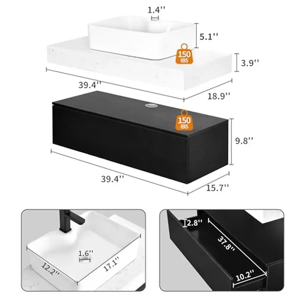 40 Inch Dual-Countertop Floating Bathroom Vanity with Sink and Hidden Storage Wall Mounted Cabinet with Sintered Stone Top