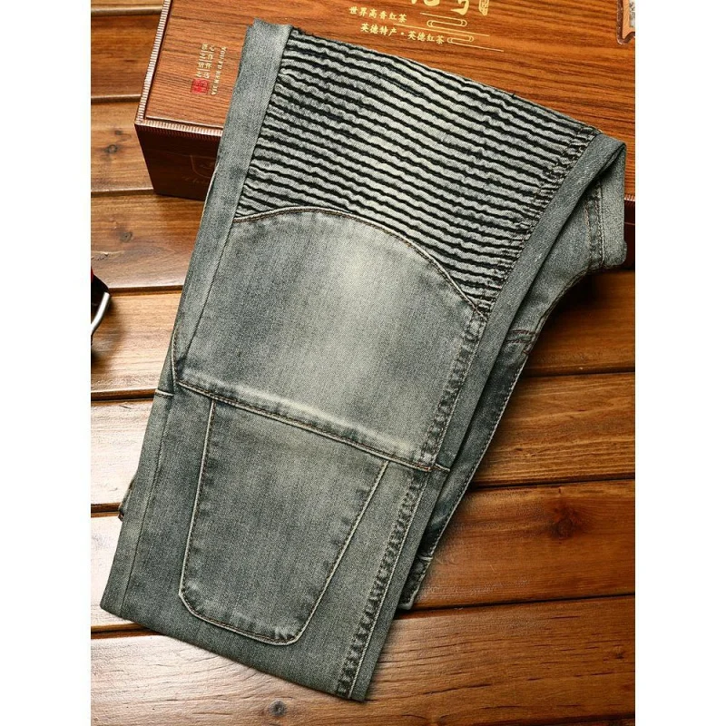 New washed retro jeans for MEN'S FASHION elastic motorcycle trend slim fit straight tube fashion casual fashion biker pants