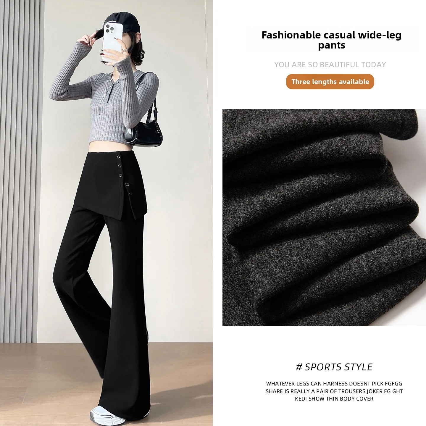 Thiened Fce اصطف عالية الخصر التخسيس بنطال ذو قصة أرجل واسعة زر بالتفصيل كاذبة قطعتين بناطيل كاجوال للنساء