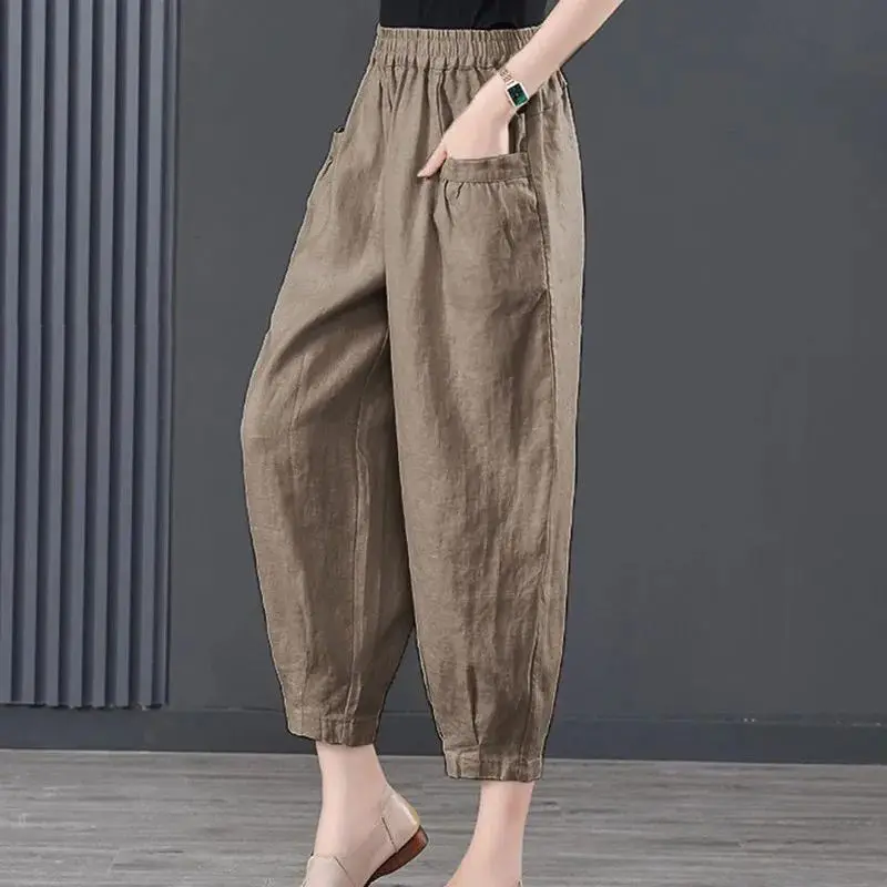 Spring Autumn New Fashion Cotton Women\'s Clothing Solid High Waist Pockets Elastic Waist Haren Korean Y2K Simplicity Style Pants