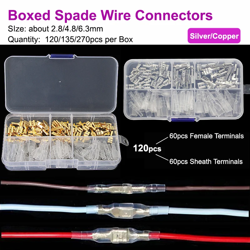 

1/3/5 Boxed Insulated Spade Wire Connector Male Female 2.8/4.8/6.3mm Electrical Crimp Terminals Spade Connectors Assorted Kit