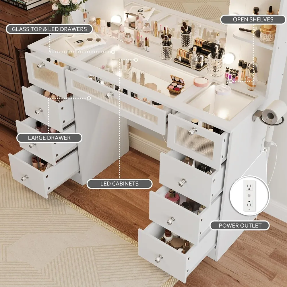 White dressing table with light colored mirror, equipped with 9 drawers, 3 colorful Hollywood light bulbs, and 4 shelves image 2