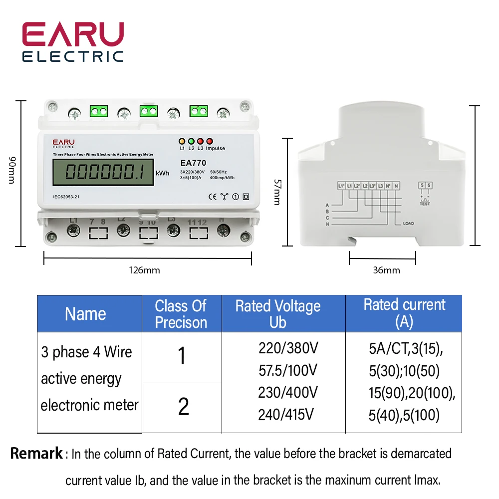 Three Phase Four Wires Eelectronic Active Energy Meter kWh Power Consumption Monitor DIN Rail 50/60Hz 3*5(100)A 3*220V/380V