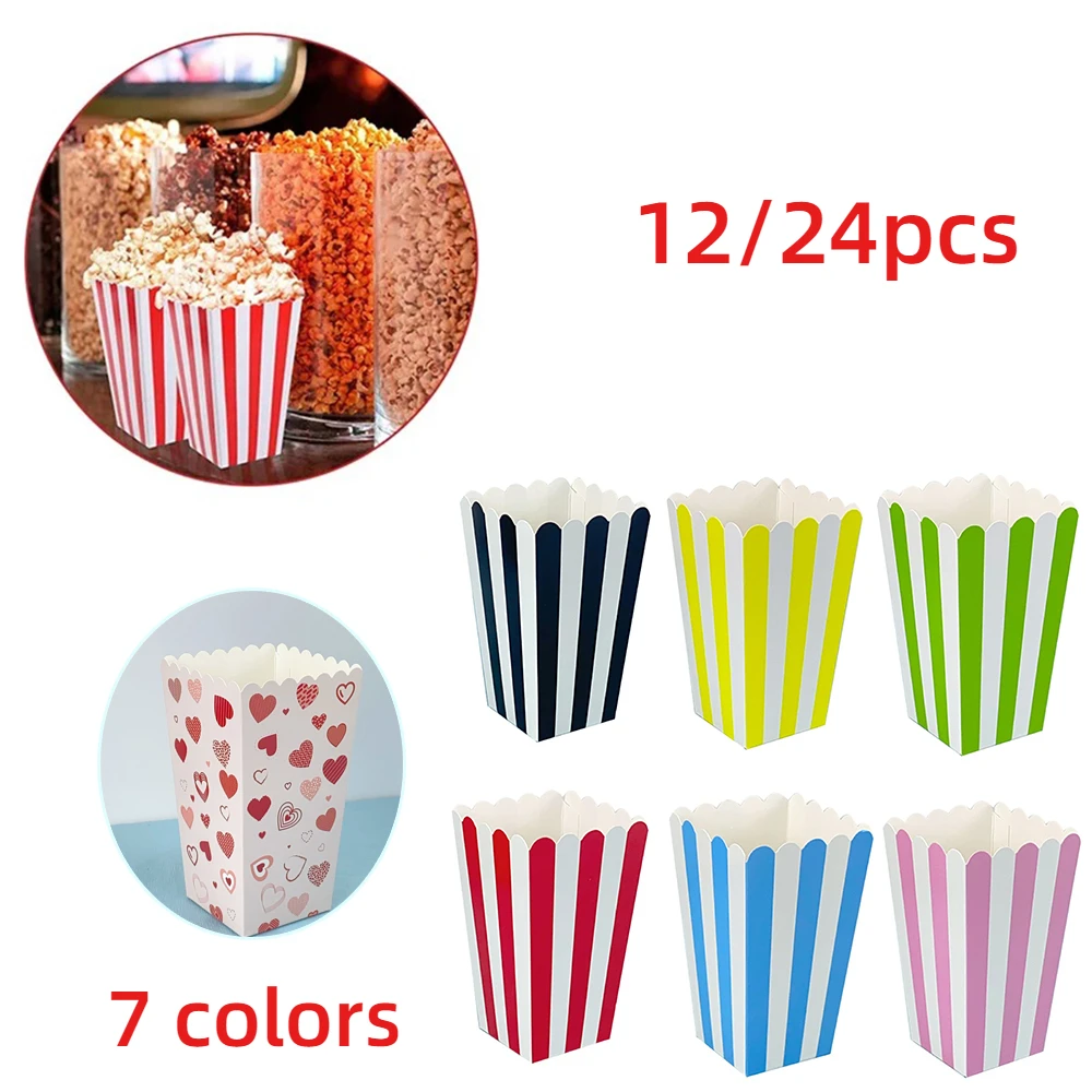 12/24pcs Popcorn Box Buckets Stripes Bags Snack Containers for Baby Shower Birthdays Party Supplies Popcorn Gift Box Supplies