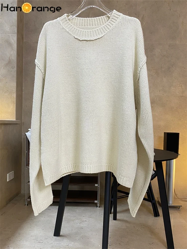 Maglione vintage HanOrange da donna 2024 primavera semplice pullover con scollo a O lavorato a maglia top morbido allentato beige bianco