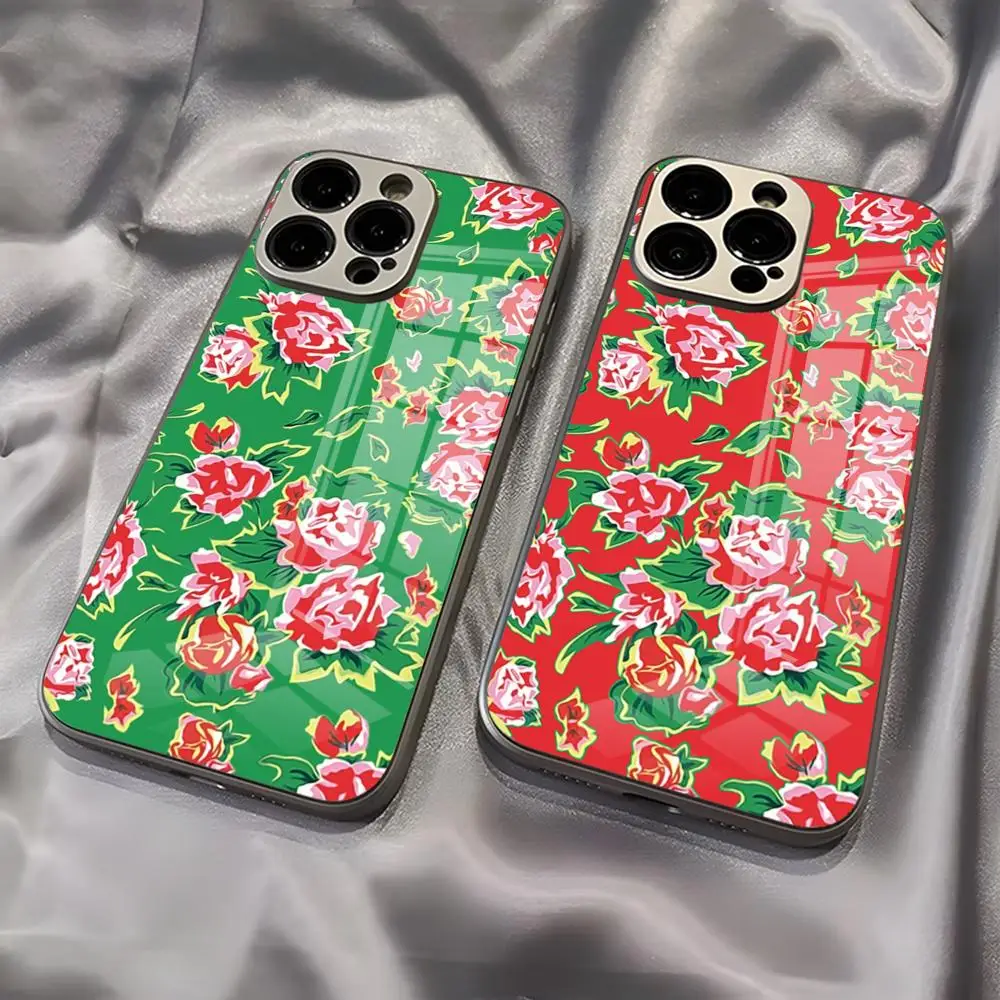 Northeast China K-pop Floral Fabric Phone Case New Cool Electroplated Glass Unique Fashion For IPhone 16 15 14 13 12 11 X Vivo