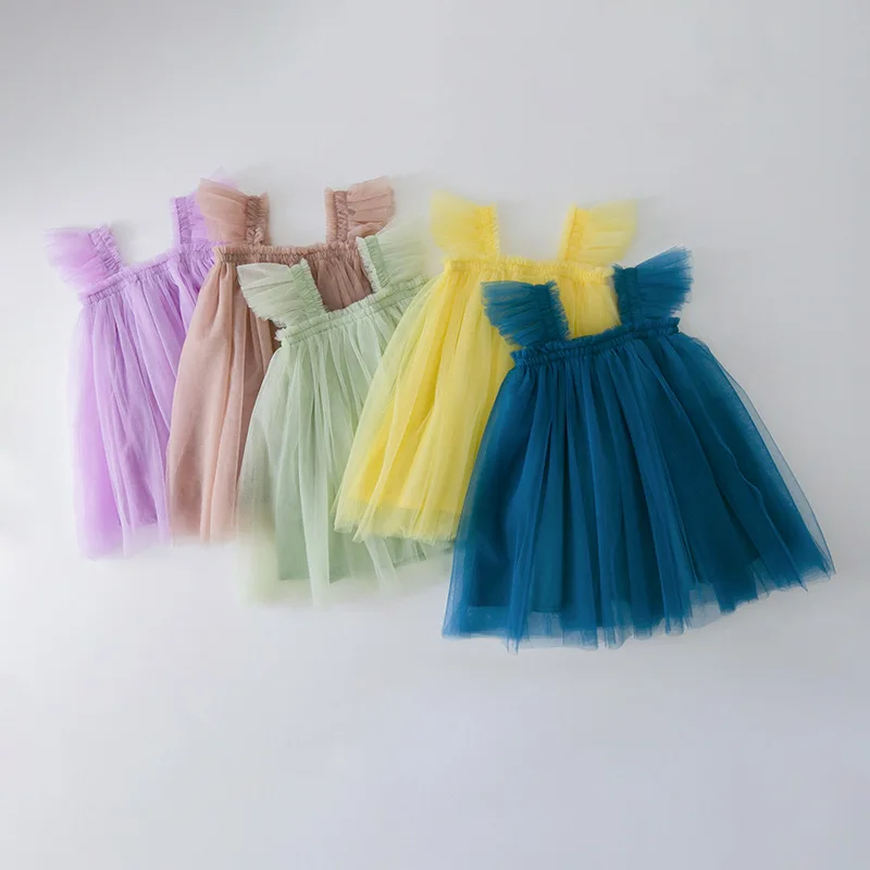 

Girls Flying Sleeve Mesh Dress 2024 Summer New Girl Baby Suspenders Princess Dress Candy Color Birthday Party Tutu Dress 1-6T