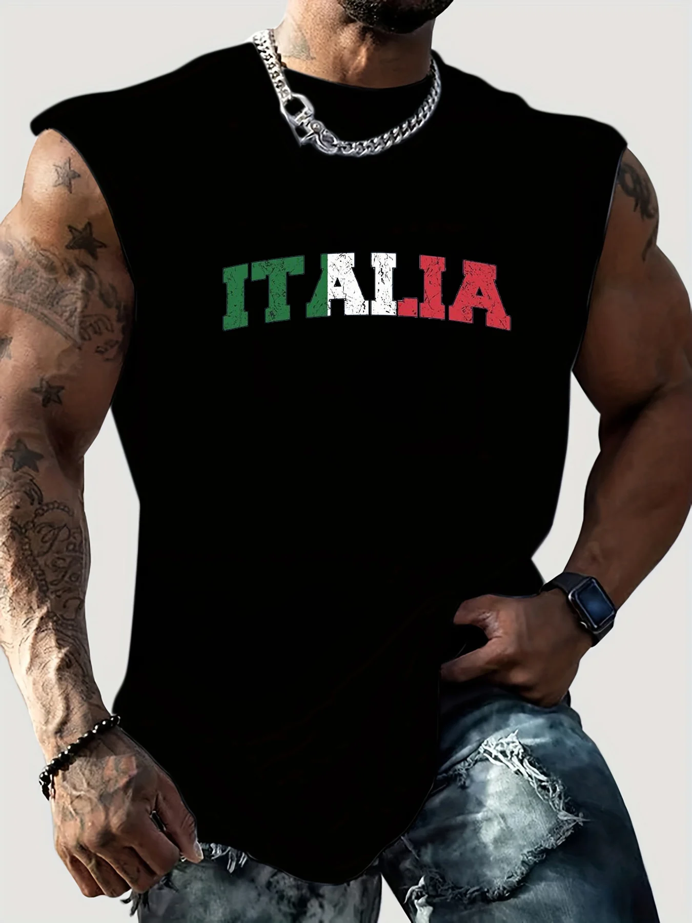 

Мужская летняя свободная майка без рукавов для отдыха и фитнеса с буквенным принтом ITALIA, удобная дышащая майка без рукавов с круглым вырезом