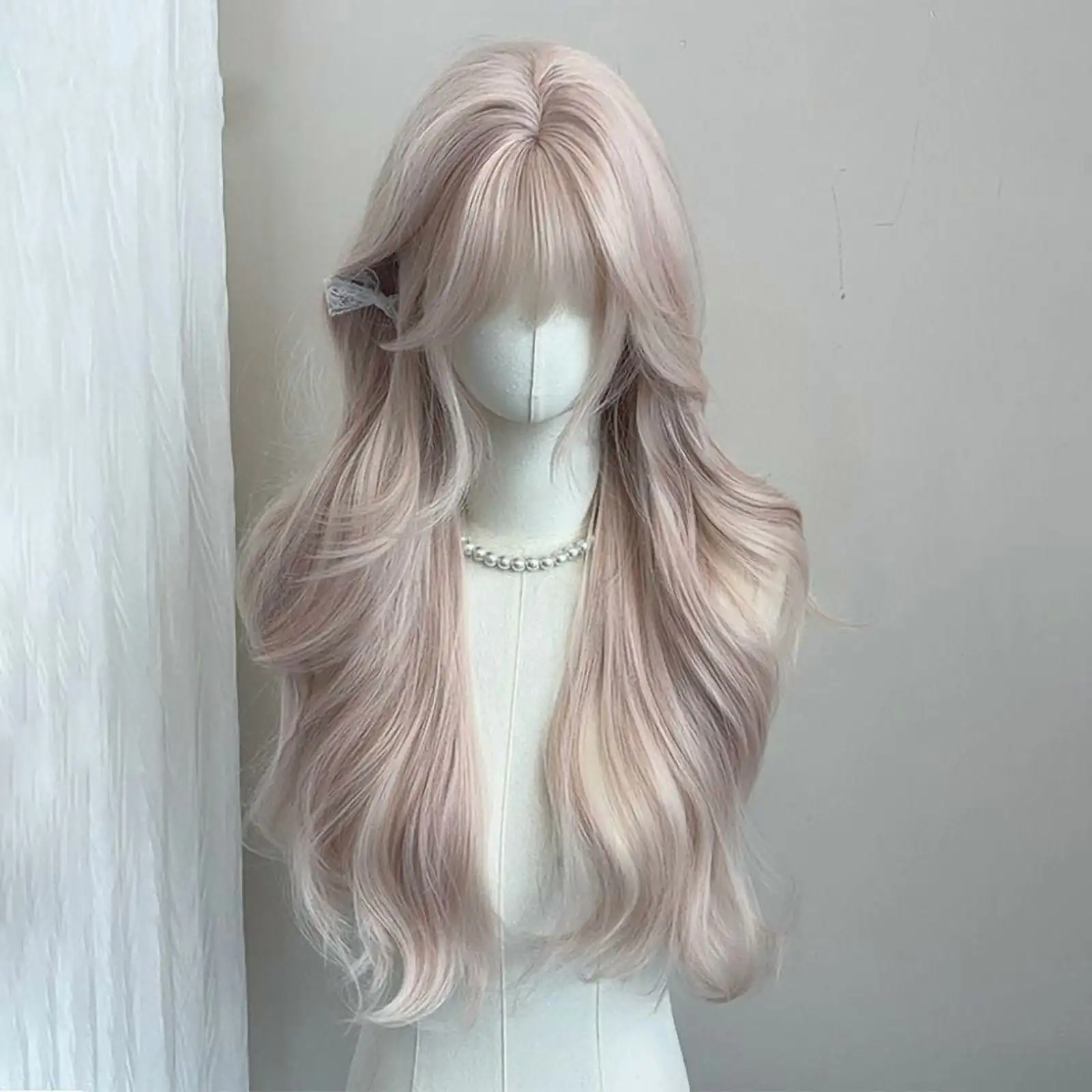 Long Millennial Pink Wavy Wig for Women – Synthetic Heat Resistant Curly Wig, Natural Middle Part Lace Front, Daily & Party Use