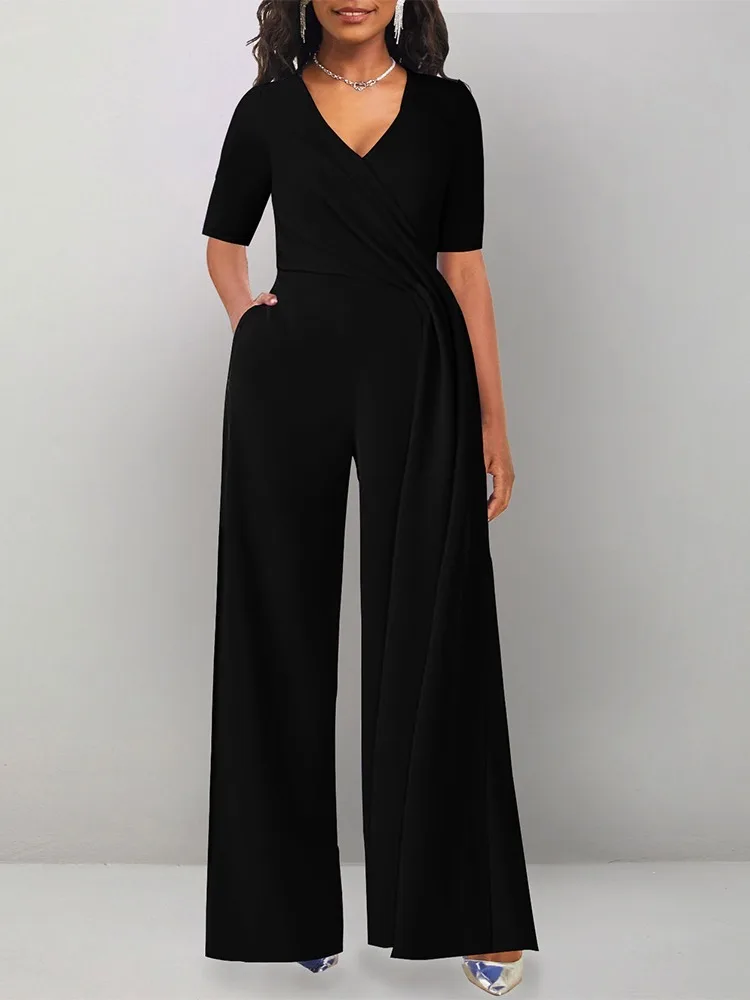 

Monos Mujer Solid V-neck Pocket Design Wide Leg Jumpsuit of One Fashion Casual Pieces for Women Elegant Female Jump Suits