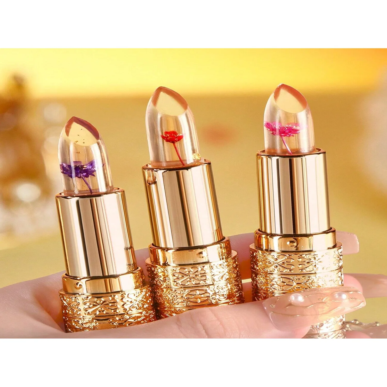 

1pc Tri Color Gold Foil Petal Warm Moisturizing Lipstick 0.12oz Jelly Texture Deep Moisturizing Lip Discoloration Lasting Moistu