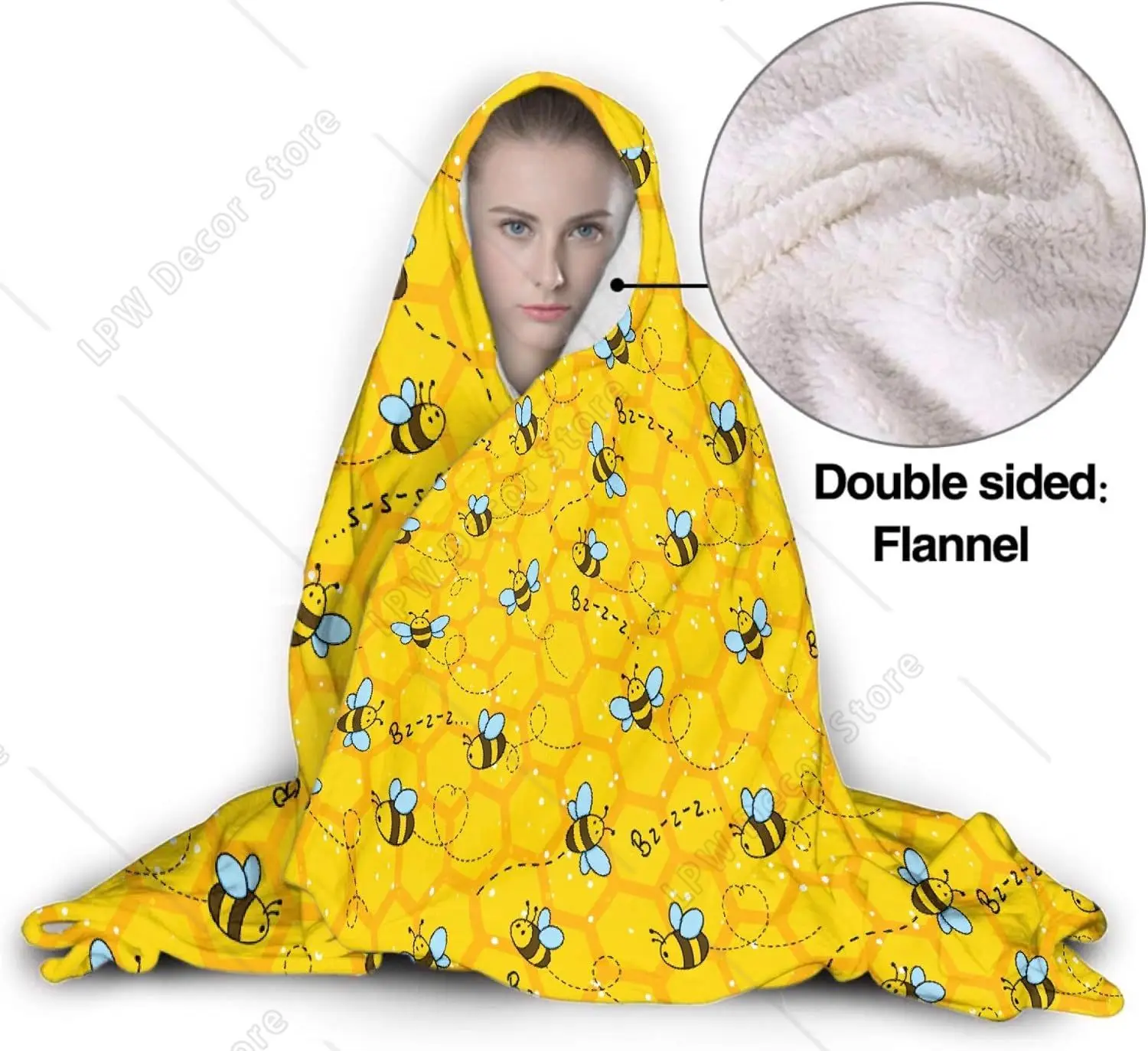 Honeycomb Cute Bee Yellow Hooded Blankets for Couch Sofa Throw Bees Wearable Blanket Super Soft Lightweight Warm Gift