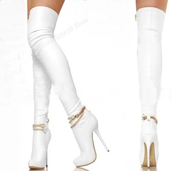 White Metal Chain Decor Over the Knee Boots Pointed Toe Matte Leather Stiletto High Heel Women Shoes 2024 Zapatos Para Mujere