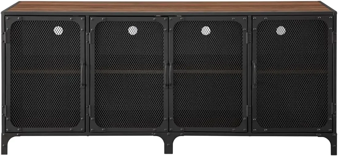 Malcomb Urban Industrial 4 Door Metal Mesh TV Console for TVs up to 65 Inches, 60 Inch, Dark Walnut