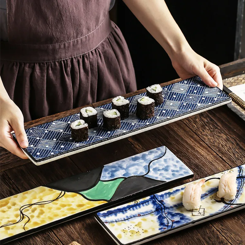 1PC Japanese Hand-painted Long Sushi Plate Ceramic Tableware Household Creative Plate Commercial Tableware Household Goods