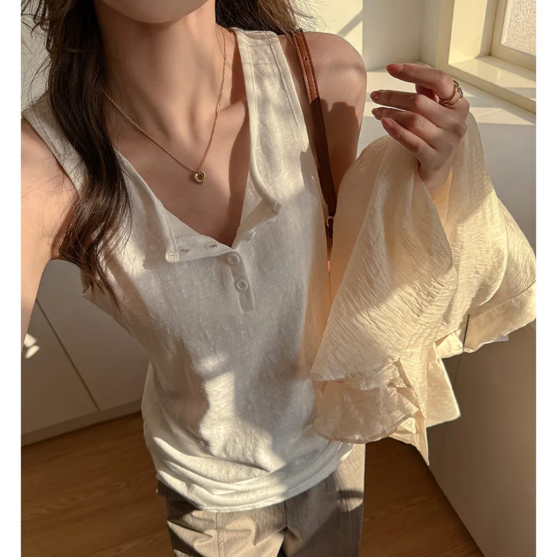 Women Heather Gray V Neck Tank Top Half Button Placket Washed Soft Fabric Wide Strap Sleeveless Camisole
