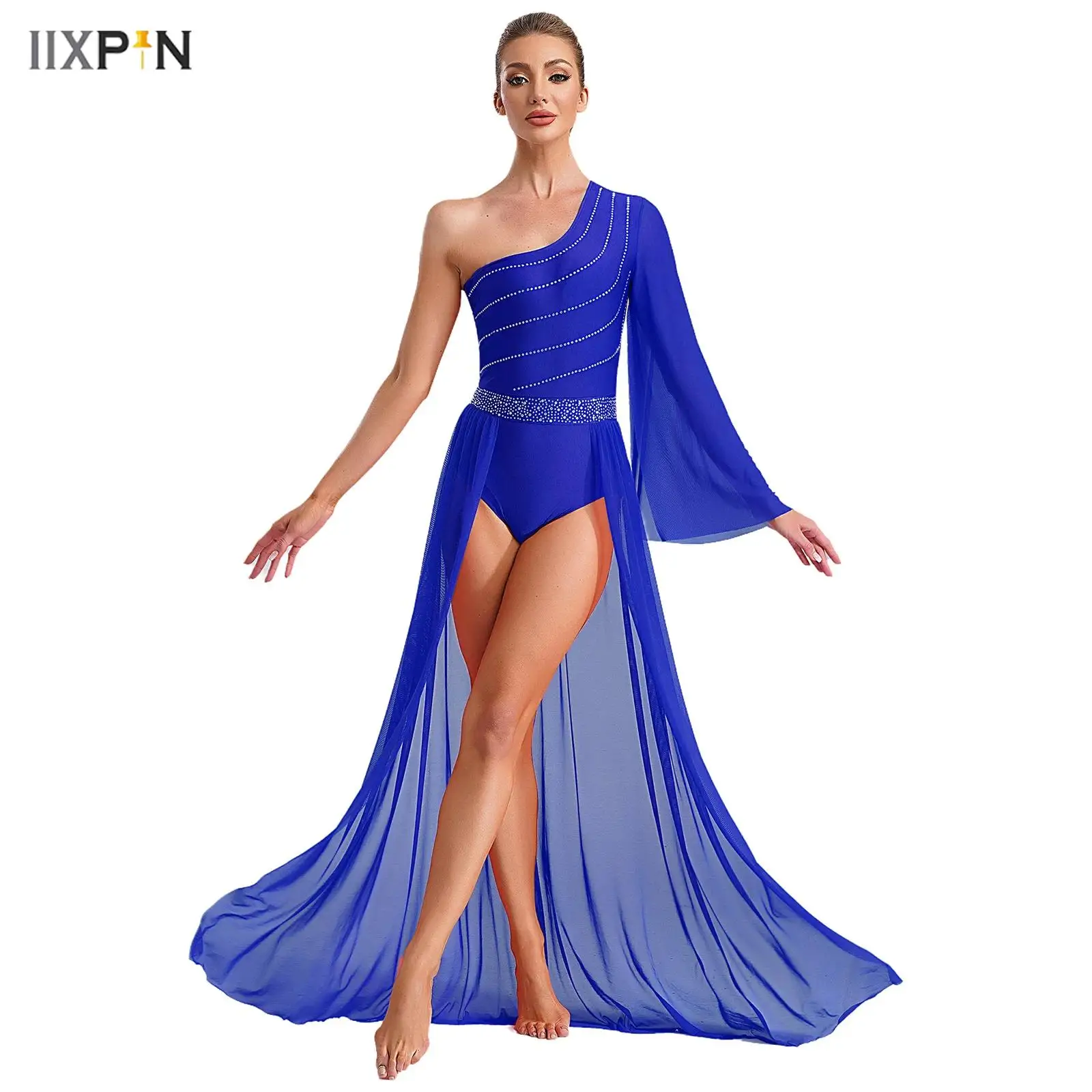 

Womens Lyrical Ballet Dance Dress One Shoulder Dance Costume Sheer Mesh Flared Sleeve Shiny Rhinestones Flowy Split Maxi Dress