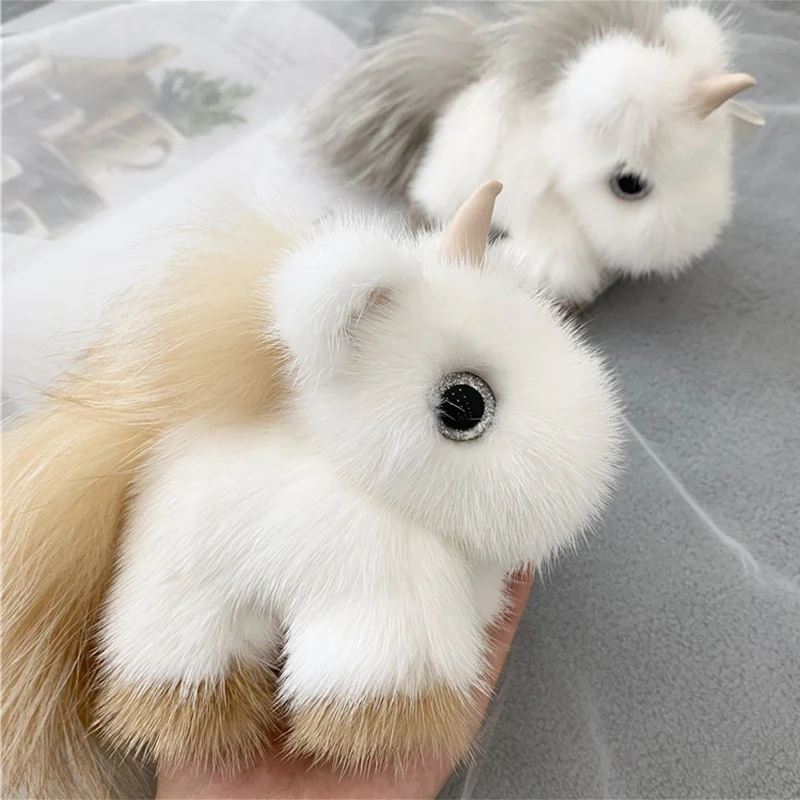 Korean Ins Mink Fur Unicorn Bag Pendant Real Plush Doll Pony Mink Fur Car Keychain Pendant For Wimen
