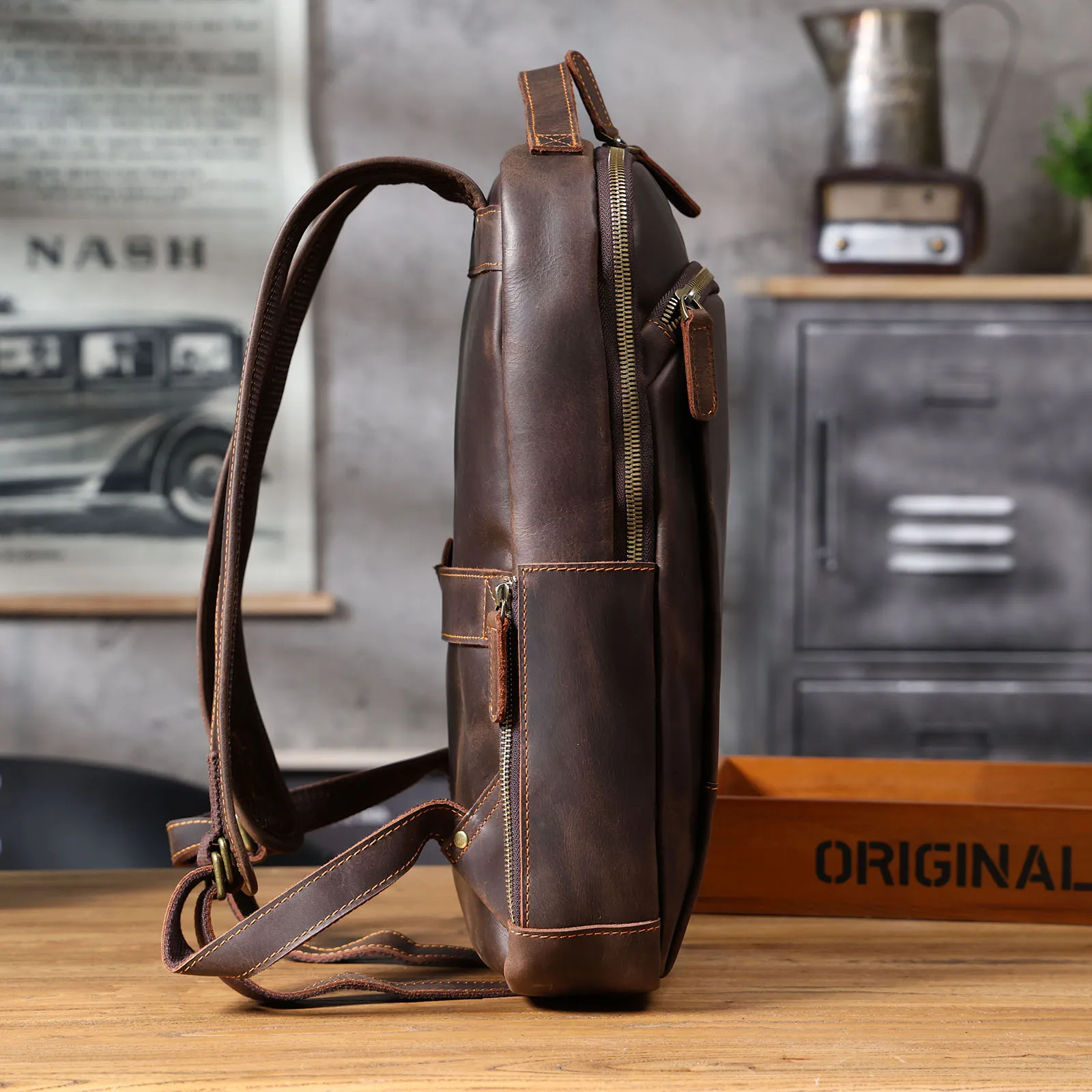 S.WORKER Vintage Echtleder-Rucksack 16“ Laptop-Tasche Crazy-Horse-Leder Schultasche Outdoor-Reise-Weekender-Schultertasche – Detail 9
