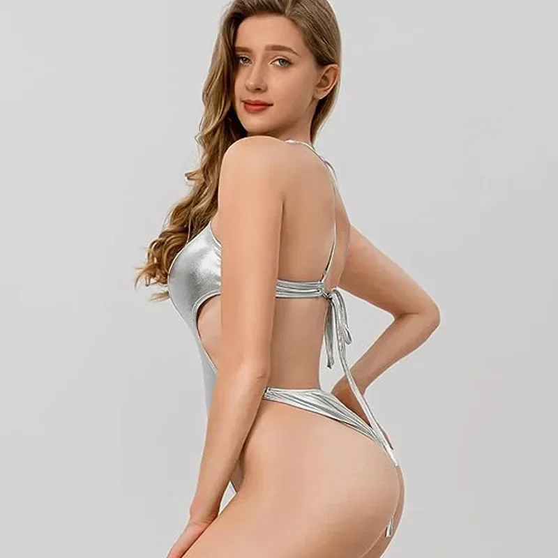 Maillot de bain en cuir verni pour femmes, combinaison brillante, sexy, dos nu, tenue de plage