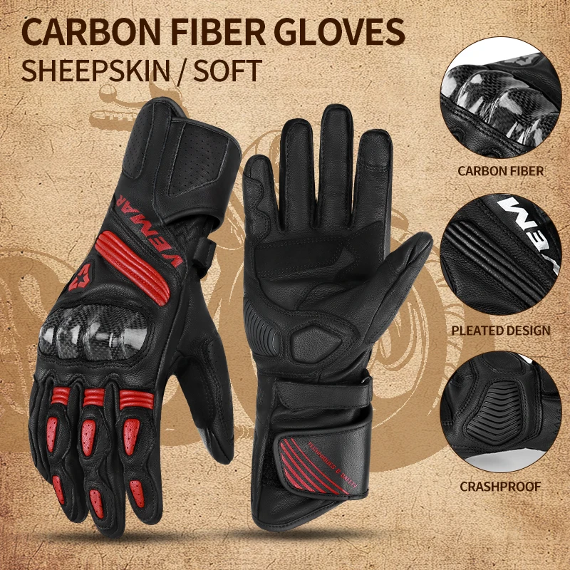 VEMAR Men's Leather Motorcycle Gloves, Carbon Fiber Protection, Breathable Touchscreen Riding Gear Anti-Slip Motocross Gloves