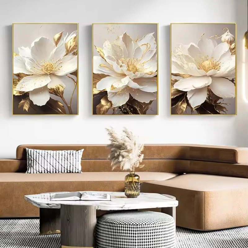 Cuadros en Lienzo con Hojas Doradas y Flores Blancas, Decoración para el Hogar, Pósters Nórdicos de Flores, Arte Moderno para