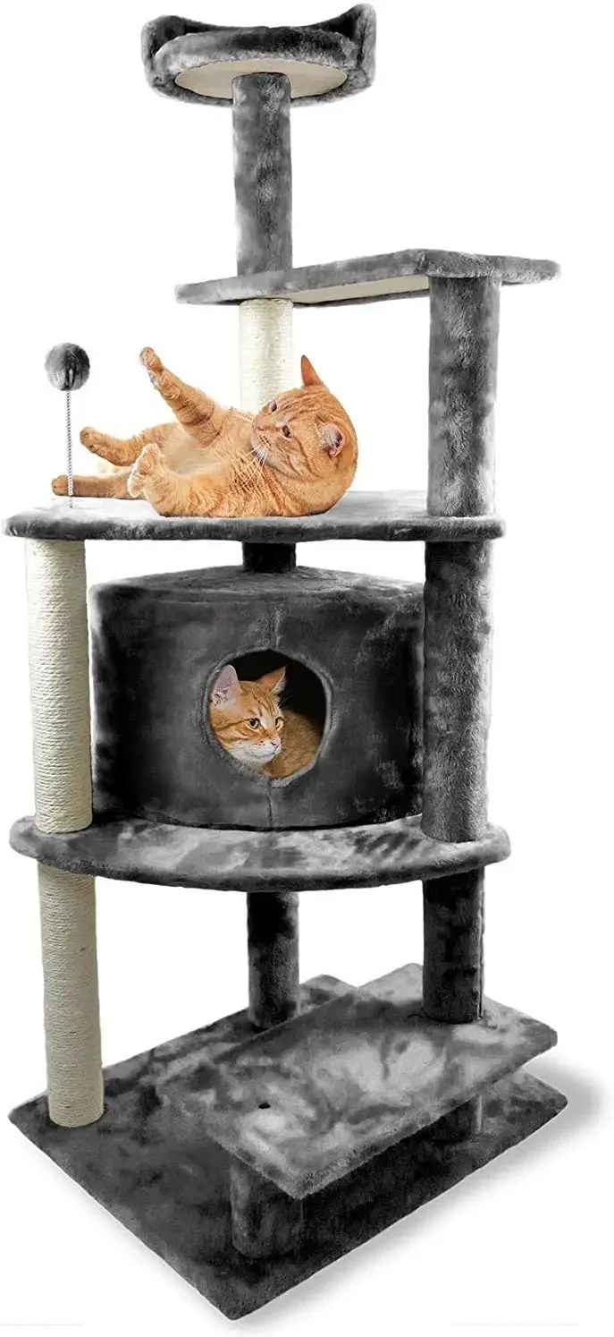 

59.8" Tall Cat Tree For Indoor Cats, Ft. Sisal Scratching Posts, Condo, & Toys - Tiger Tough Platform House Interactive|