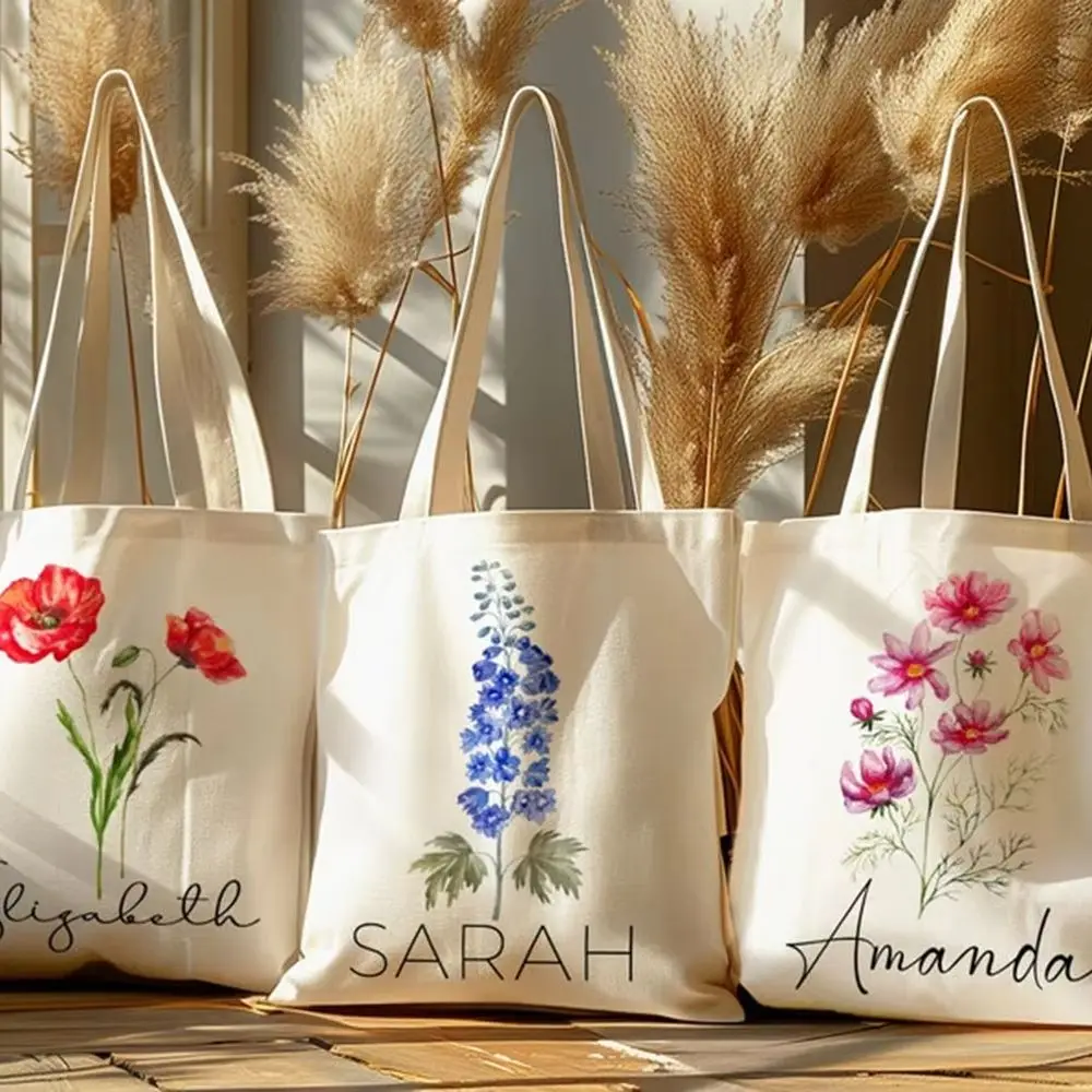 

Boho Style Canvas Tote Bag Custom Wild Blooms Pattern Reusable Washable For Girls Campus Shopping Weekend Trip Handbag Gift