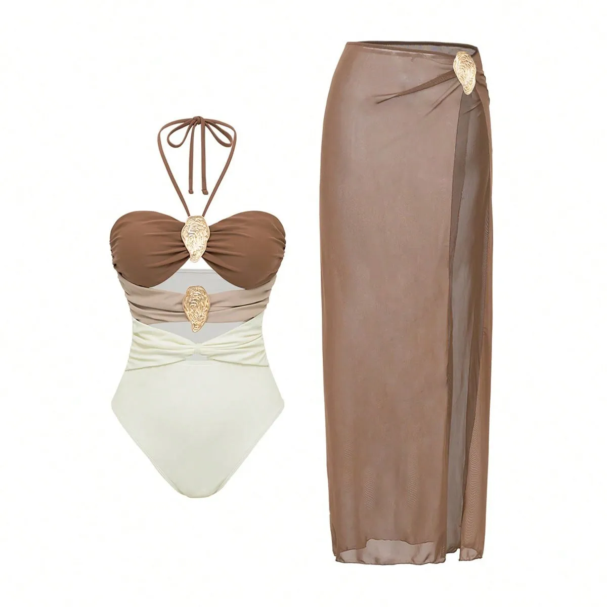 Women Swimsuit Tankini Sleeveless Halter Neck Tankini Top Sheer Wrap Skirt Swim Tank Beige Brown Cut Out Bandeau Tankini