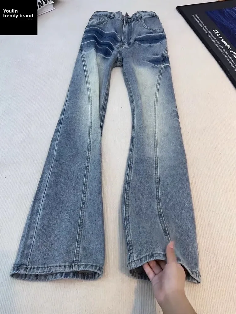 

Blue Waed Sla Pattern Men's Straight Leg Jeans American Retro Knife Flared Pants mid Waist Zipper Casual Cotton