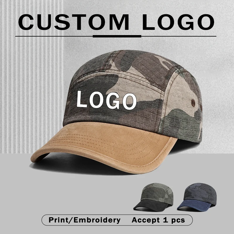 American Fashion Stitching Camouflage 5-panel Baseball Cap Customizable Logo Summer Autumn Leisure Retro Tooling Style Men's Hat