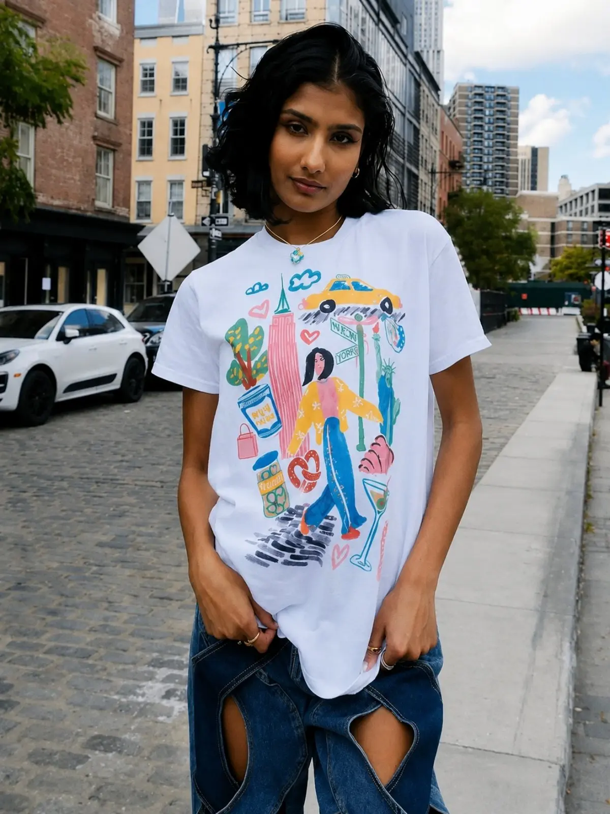 Y2K Design Hand-Drawn New York City Travel Graphic Cotton Tee Women T Shirt Colorful Landmark Casual Vacation Loose Fashion Top