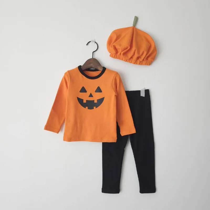 

2025 Autumn Baby Clothes Korean Halloween Baby Outfit Pumpkin Costume Cartoon Print Long Sleeve Pants Toddler Clothes Boys Girls