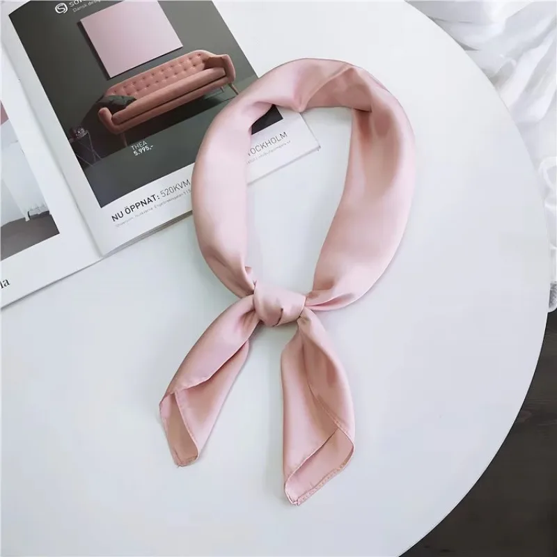 70*70cm Solid Silk Handkerchief Small Hair Scarf For Women Cute Plain Bag Scarfs Female Green Black Pink Neck Scarves For Ladies