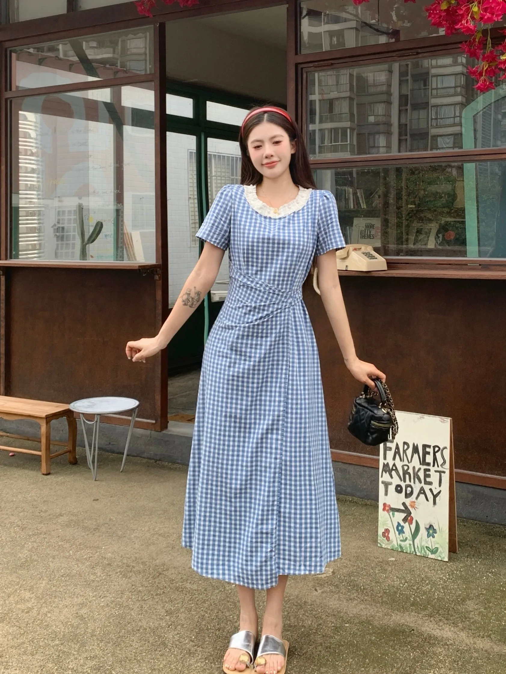 

plus Size Women's Sweet Sle round Ne Blue Plaid Dr Summer New Waist Cinching Long Dr Korean Version Slim Fit A-Line...