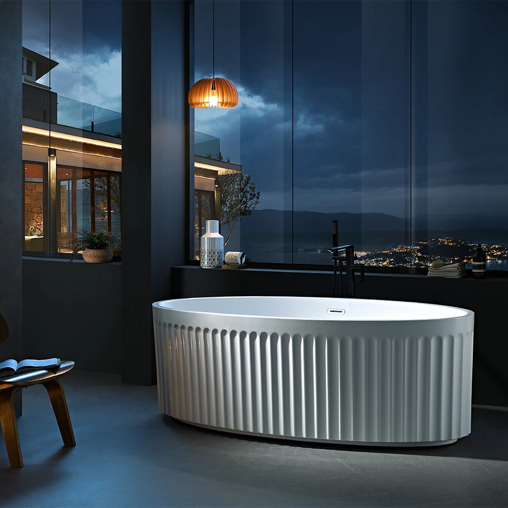 New Design Bathtub Wavy Texture on Surface Acrylic Free Standing Bathtub with Drainage