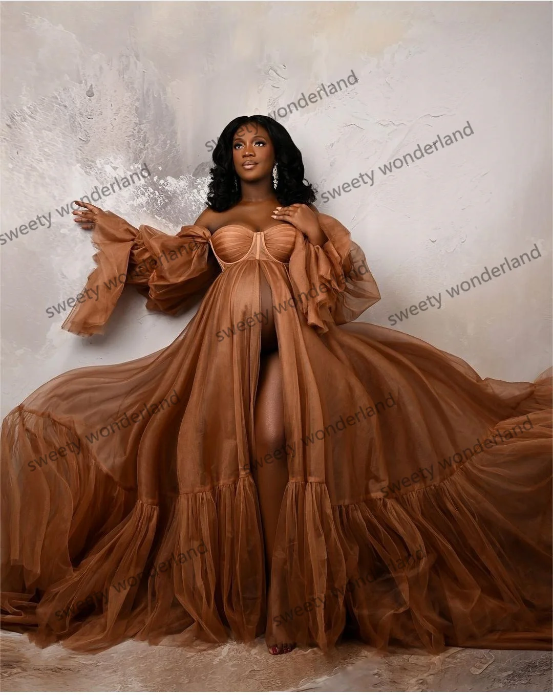 Brown Prom Dresses Off the Shoulder Maternity Photoshoot Dress Full Sleeves Pleat Baby Shower Gowns Photography Props