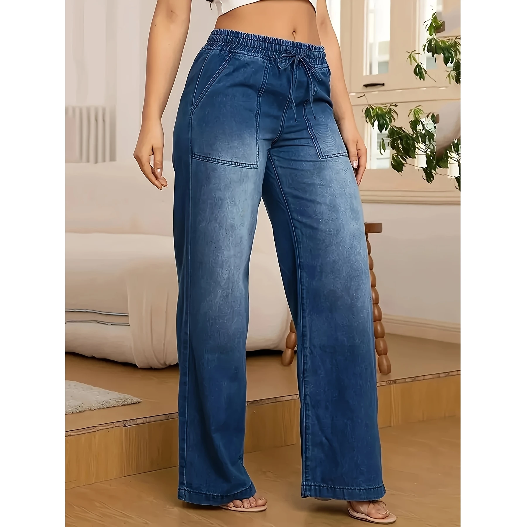 

Jeans Women Y2k Pants Elastic Waist Drawstring Straight Leg Stretch Denim Casual Loose Fit New Arrival Trousers