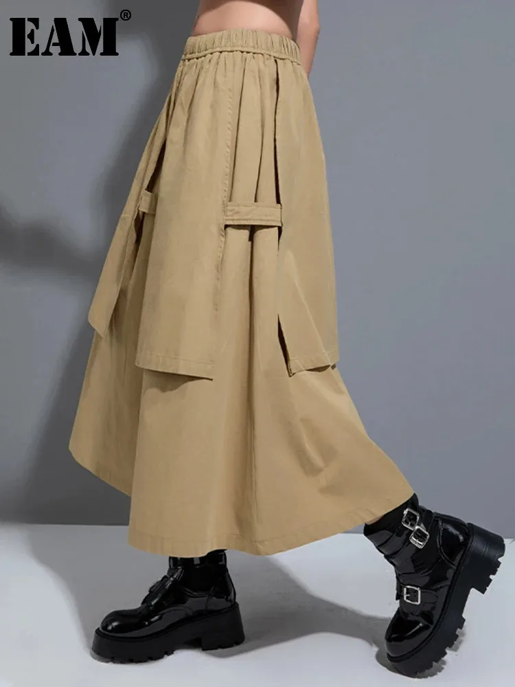 

[EAM] High Elastic Waist Khaki Layers Irregular Long A-line Half-body Skirt Women Fashion Tide New Spring Autumn 2024 1DH1082