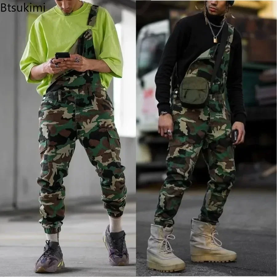 New2024 Men's Camouflage Strap Long Pants Overalls Cross Button Man Casual Pants Jeans One Piece Jumpsuit Denim Cargo Pants Male