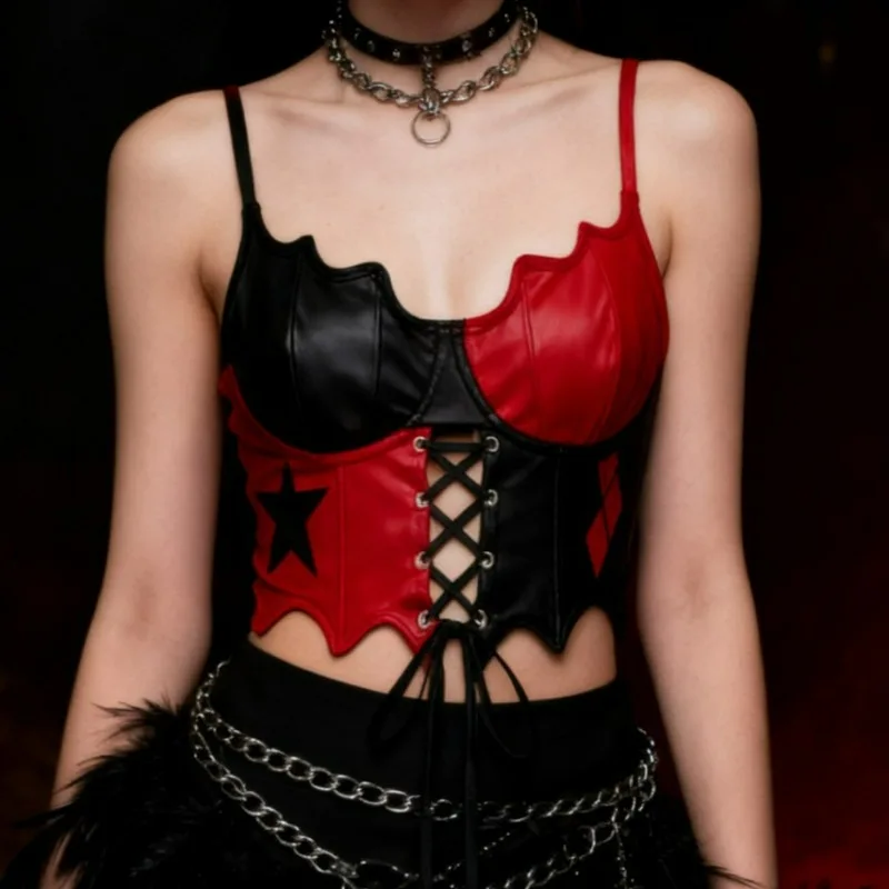 

Corset women's punk style star diamond print asymmetric suspender dress