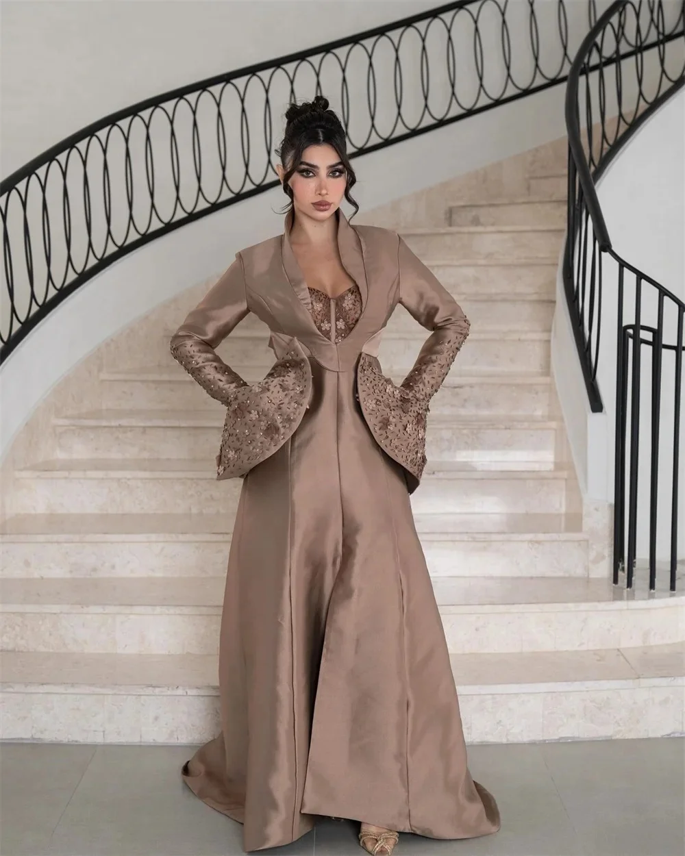 

Floral Women Long Sleeves Bespoke Occasion Gown Evening Dresses Pastrol Unisex Jersey Retro Dubai Saudi Arabic Prom Customized