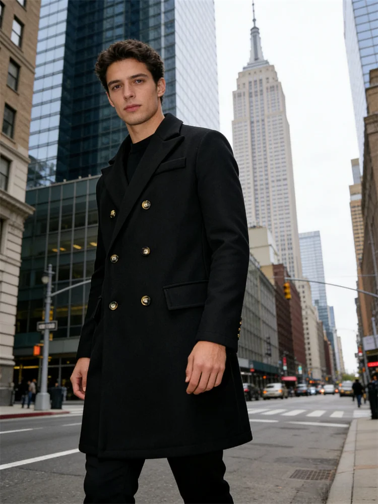 

Elegant Mid-Length Man Jackets Hip Length British Men's Blazer Vintage Wool Blend Casual Jacket Double Breasted Suit Collar Coat