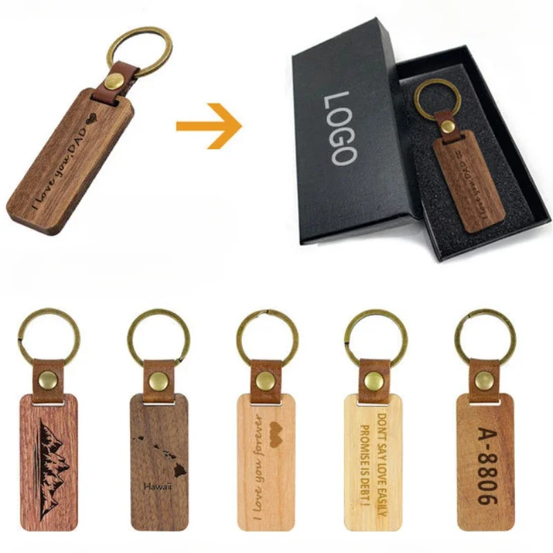 Customized PU Leather Wooden Keychain Blank DIY Wood Keyring Square Engraved Car Key Chains Retro for Friends Lovers Family Gift