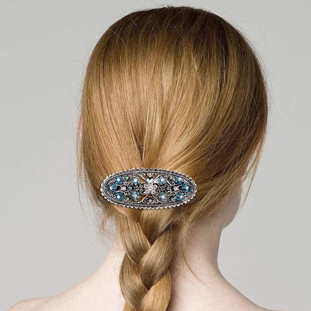 

3Pcs Vintage Alloy Crystal Oval Spring Hair Clips Temperament Hair Barrettes for Women Wedding Party Daily Use Pink Blue