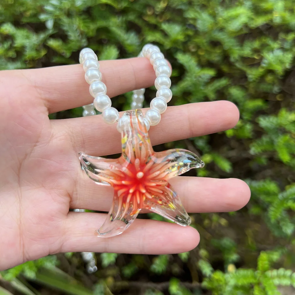 1PCS Handmade Murano Glass Quartz Crystal Starfish Pendant Necklace For Women Lampwork Glaze Charm Summer Beach Gift Jewelry