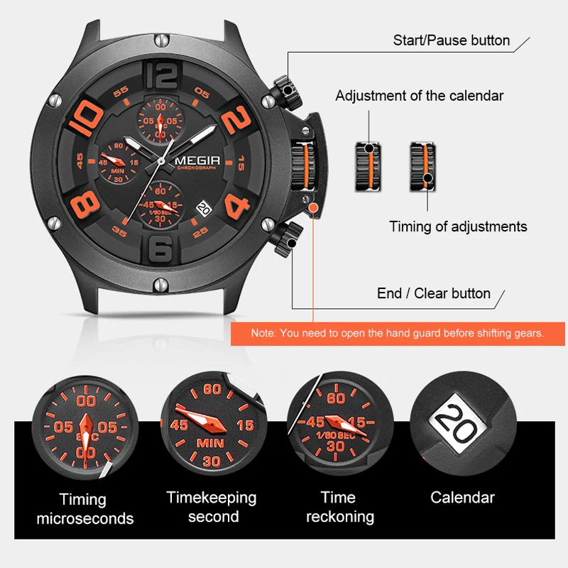 MEGIR Top Brand Mens Watches Luxury Fashion Silicone Quartz Wristwatch Waterproof Luminous Chronograph Watch for Male Date Clock